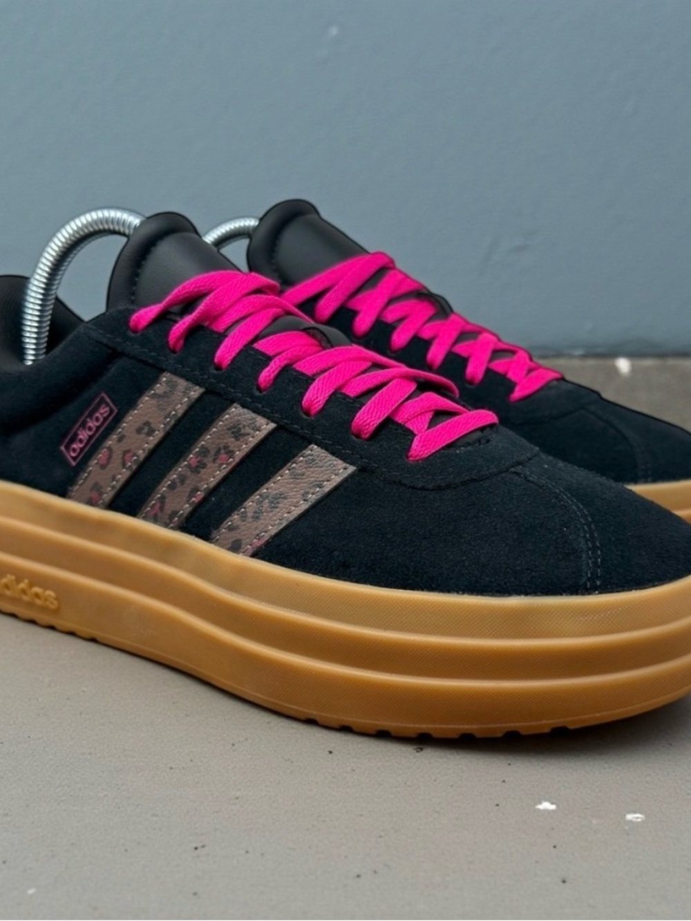 adidas Women’s Black Suede Sneakers with Pink Laces and Gum Platform